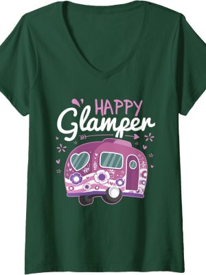 Womens Happy Glamper Caravan Camping Glamping Gear V-neck T-shirt