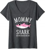 Womens Mommy Shark Funny Mom V-neck T-shirt